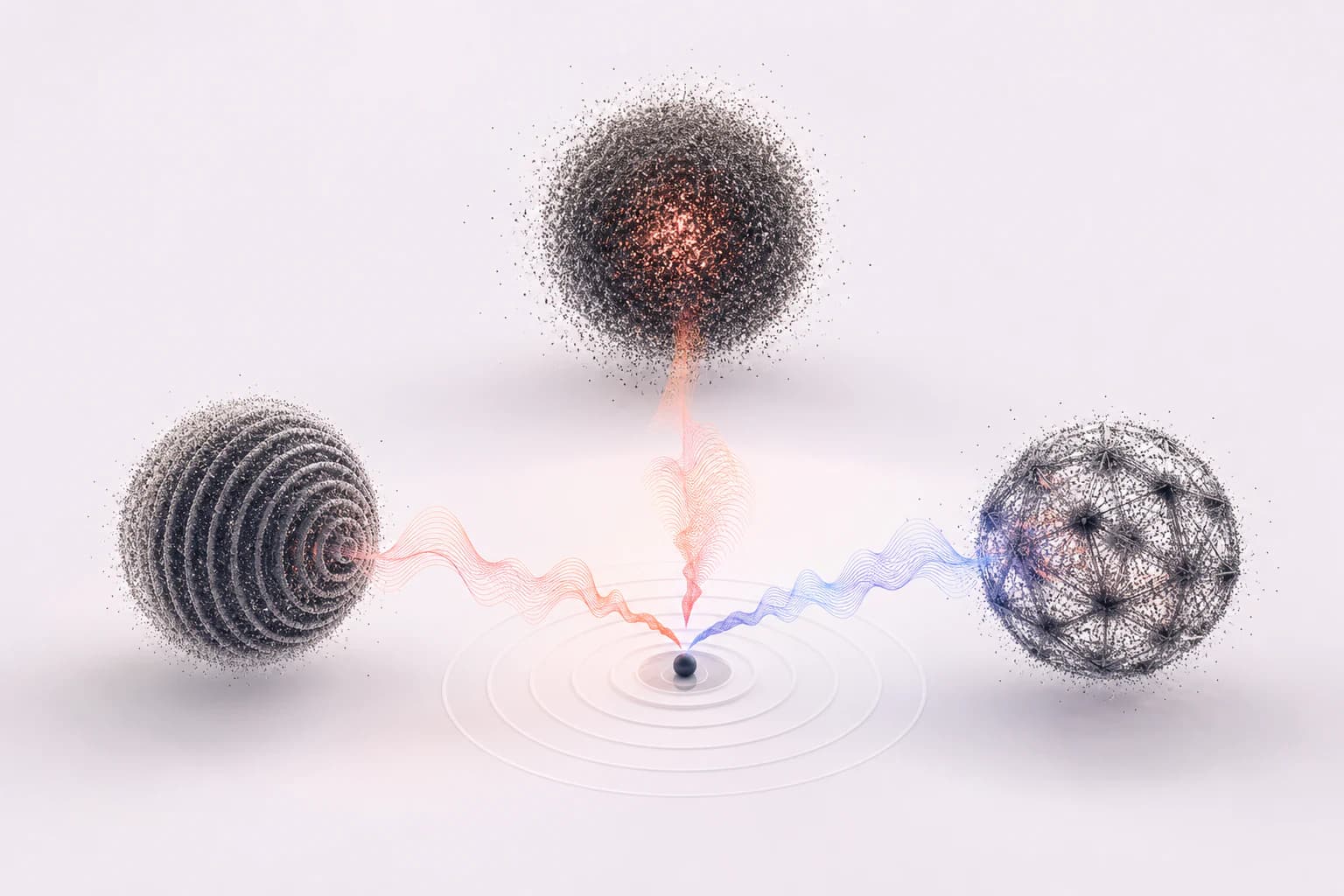Three distinct synthetic voice fields converging for comparison