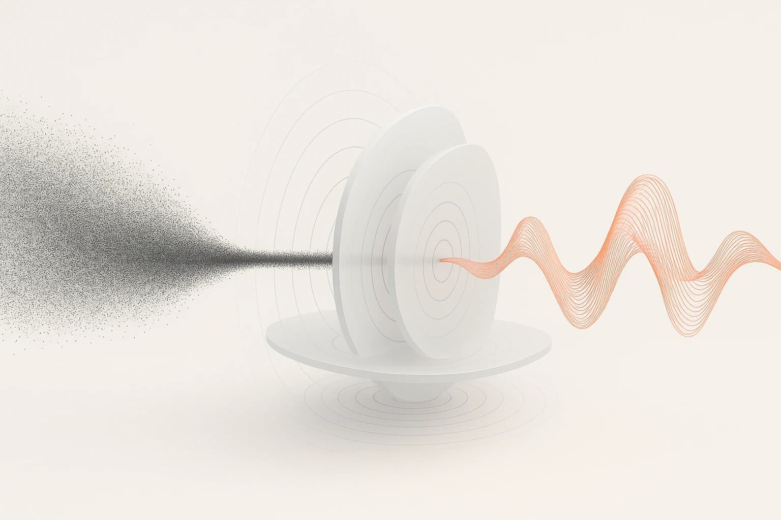 Abstrakte Visualisierung eines Sprachsignals, das in mehreren Schichten durch ein Voicebot-System läuft und als Antwort zurückkehrt
