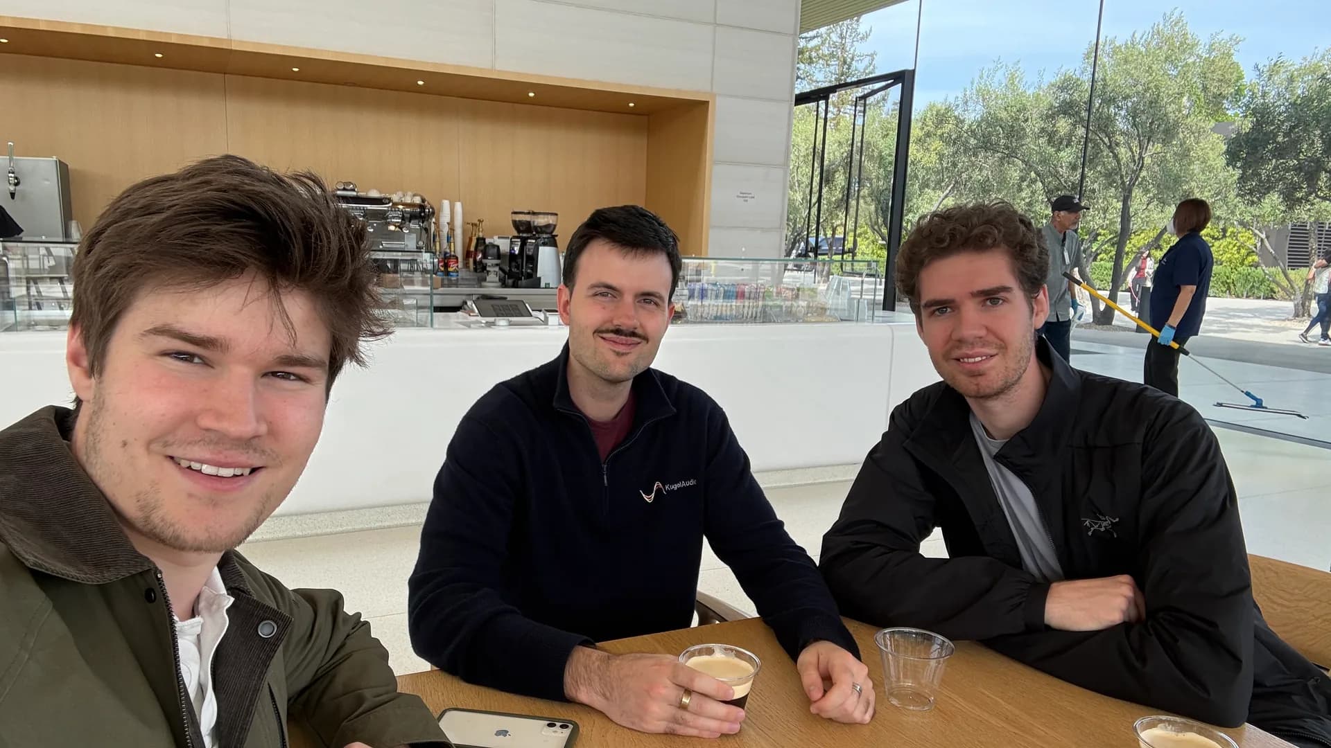 Two of us and a friend over coffee in California
