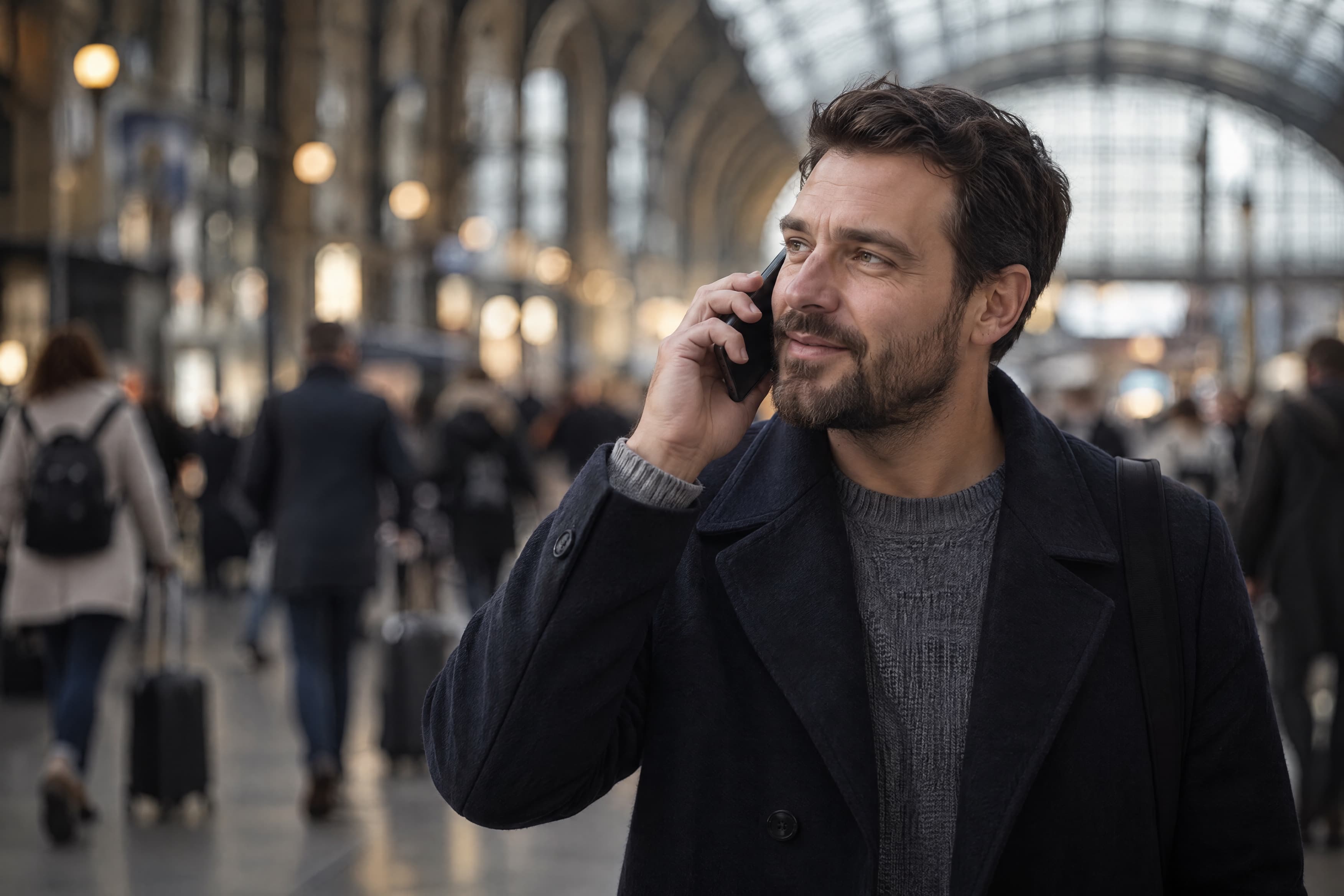 Un uomo al telefono nell’atrio affollato di una stazione ferroviaria.